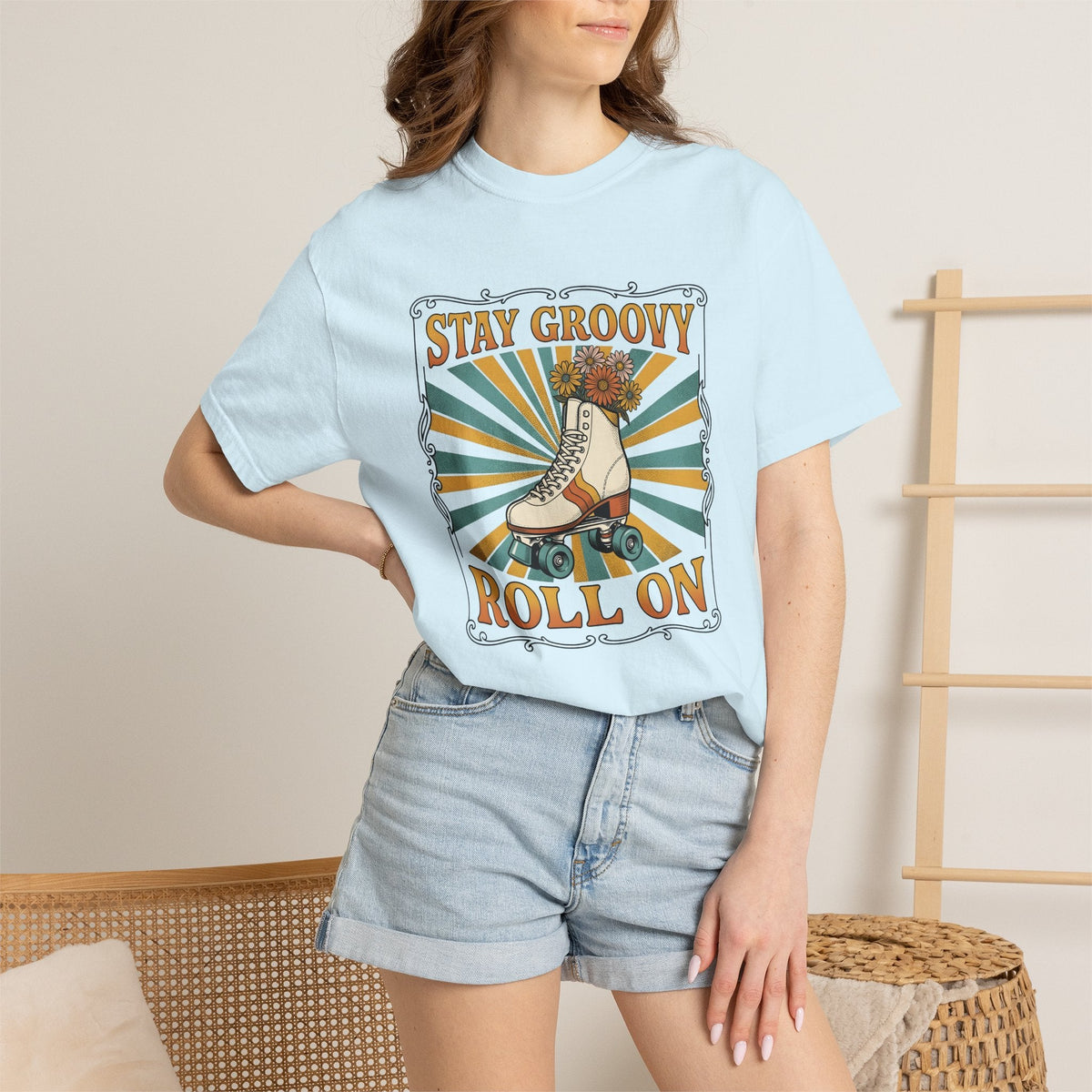 Roller Skate Shoes Shirt Boho Chic 70s Unisex Gift Line Art Tee Roller Skates