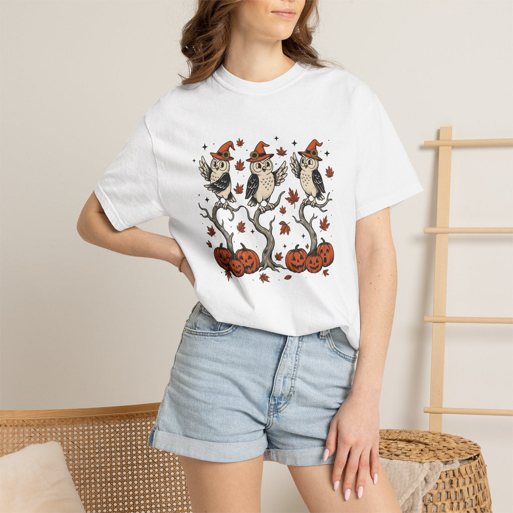 Owl Sorcerer Hat Shirt Halloween Foliage Unisex Gift Old School Tee Witch Hat