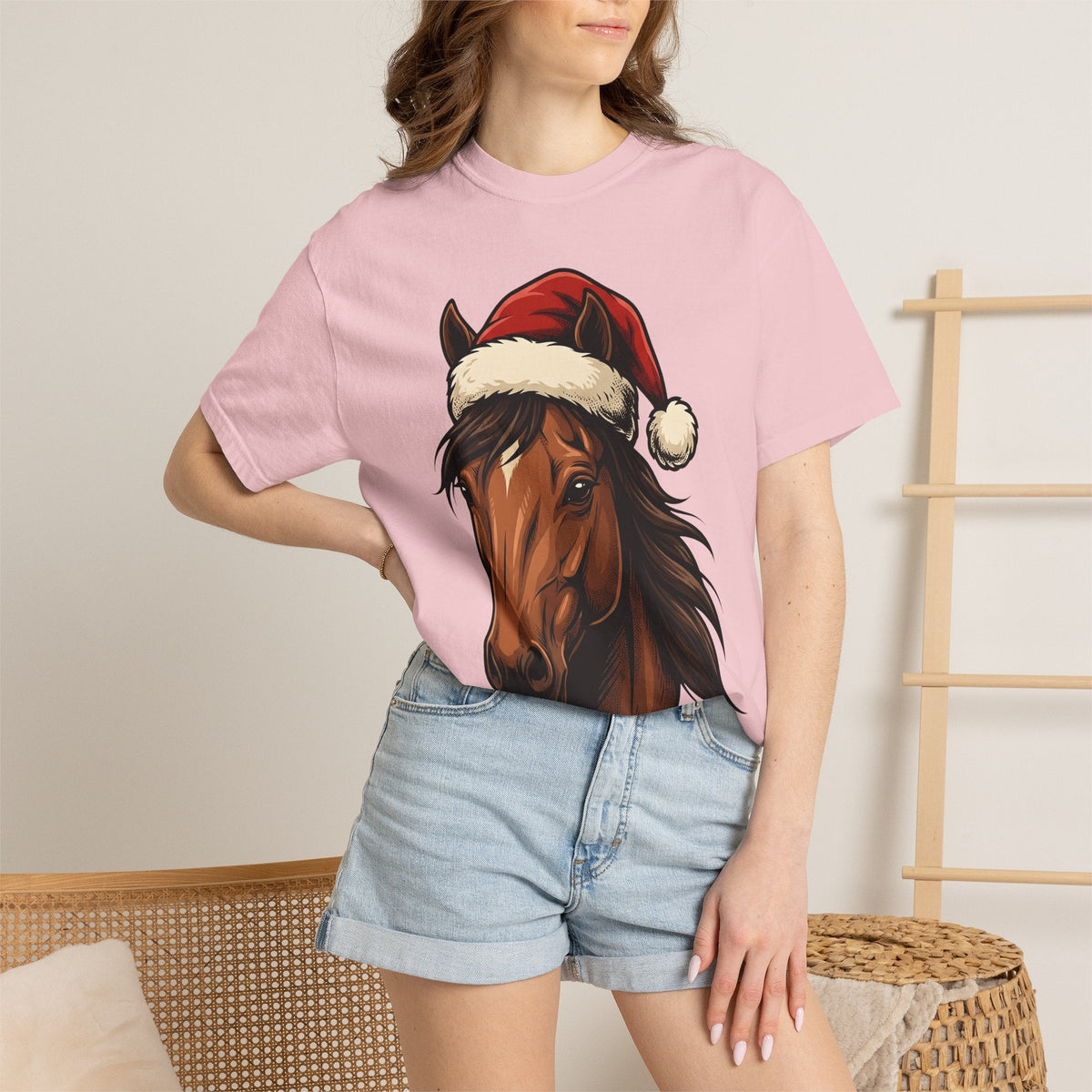 Horse Santa Hat Shirt Christmas Animal Unisex Gift Line Art Tee Equine T-Shirt