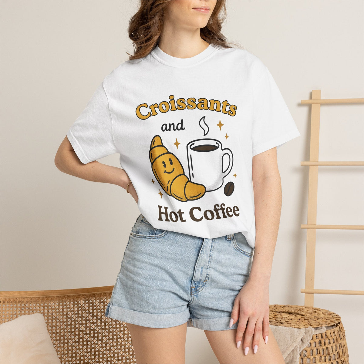 Croissant Espresso Cup Shirt Coffee Morning Meal Unisex Gift Hand Drawn Tee