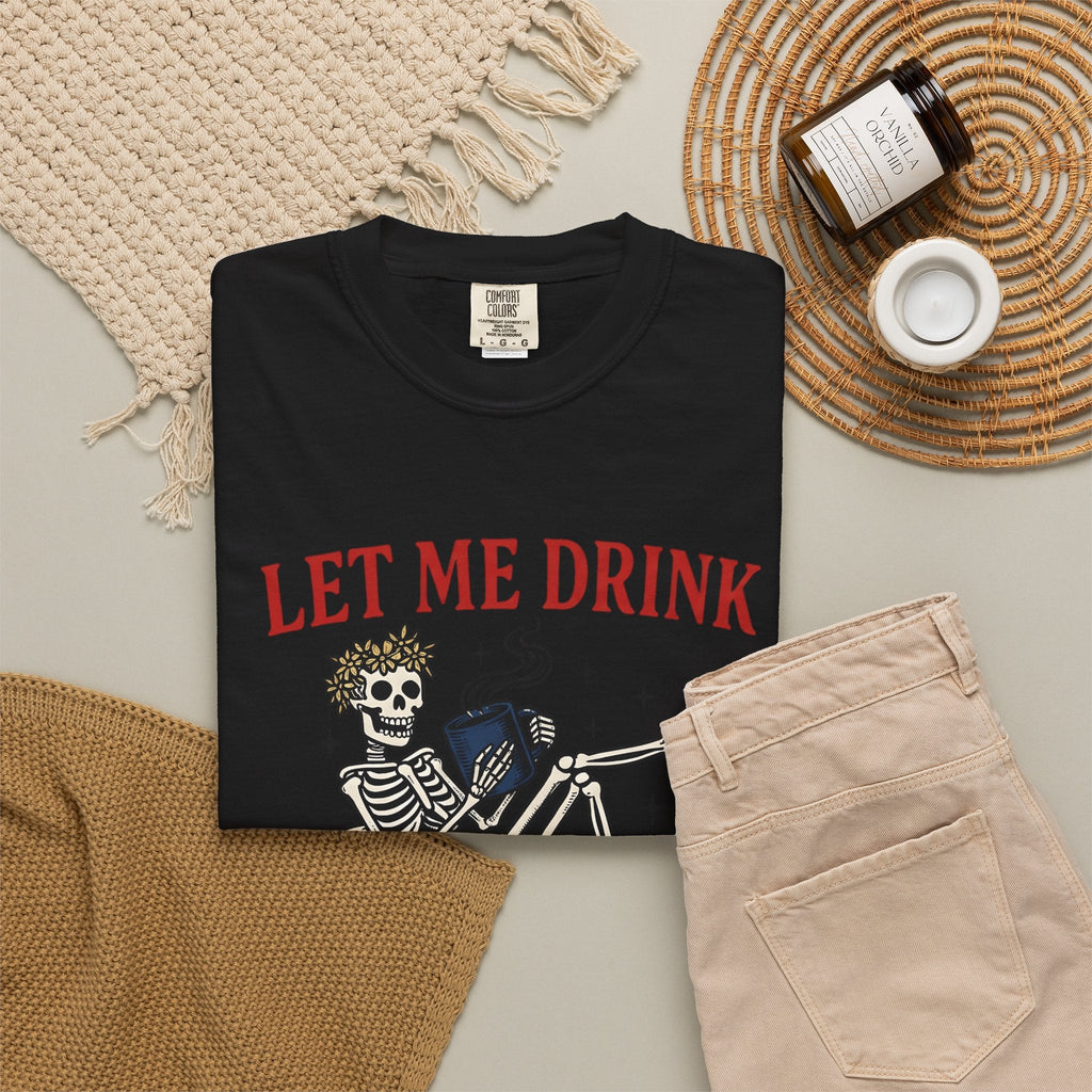 Skull Coffee Cup Shirt Funny Cappuccino Gift Women Cartoon Tee Coffee Mug T-Shirt Humor Fan Comic Tshirt Coffee Illustration Hand Drawn