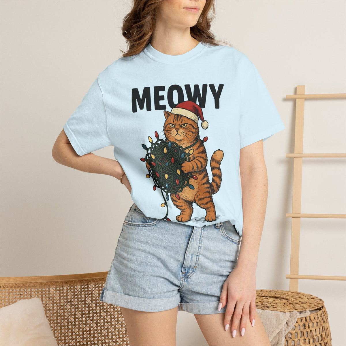 Cat Christmas Hat Shirt Christmas Critters Unisex Gift Line Art Tee Kitty