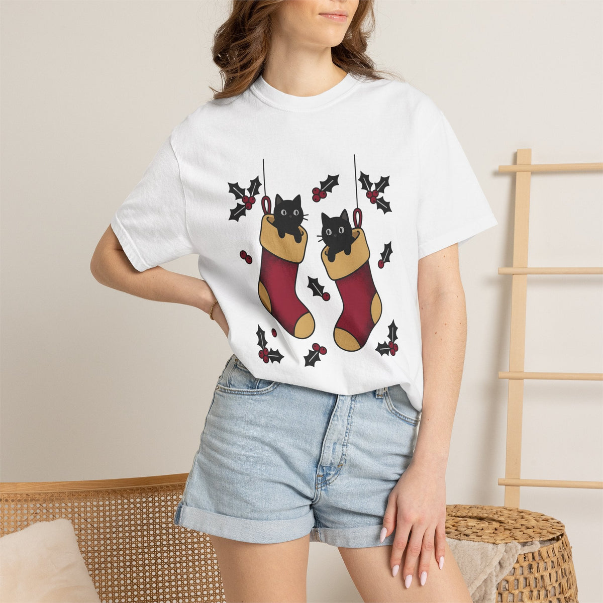 Black Cat Stocking Shirt Holiday Unisex Gift Kawaii Tee product image 6