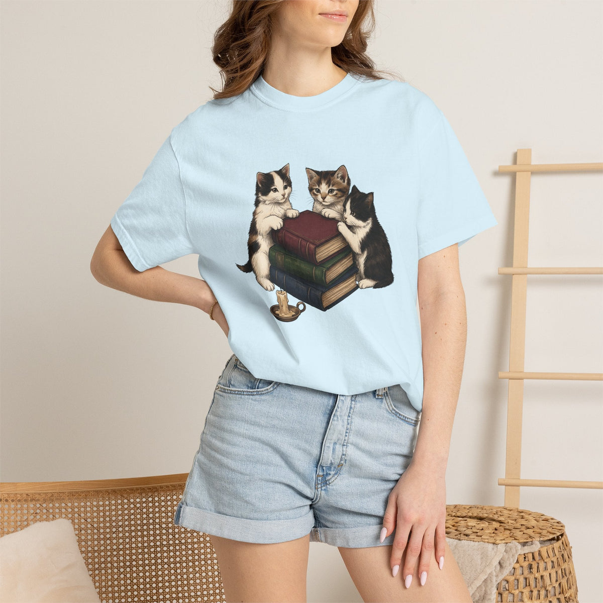 Kitten Stack Shirt Cat Bookworm Unisex Gift Hand Drawn Tee product image 9