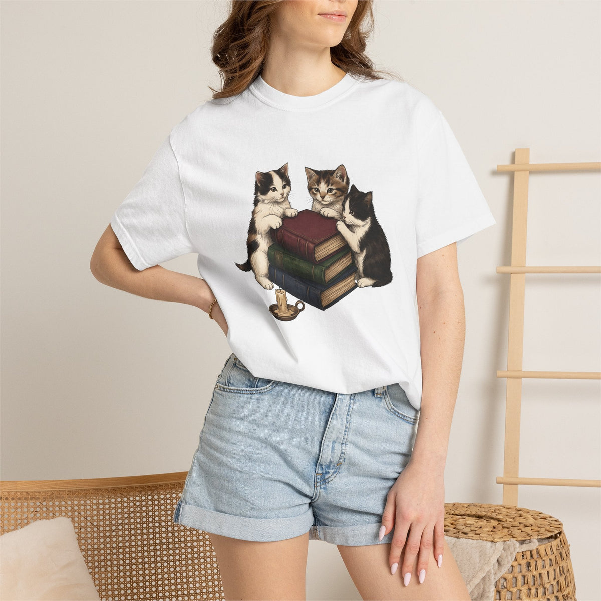 Kitten Stack Shirt Cat Bookworm Unisex Gift Hand Drawn Tee product image 6