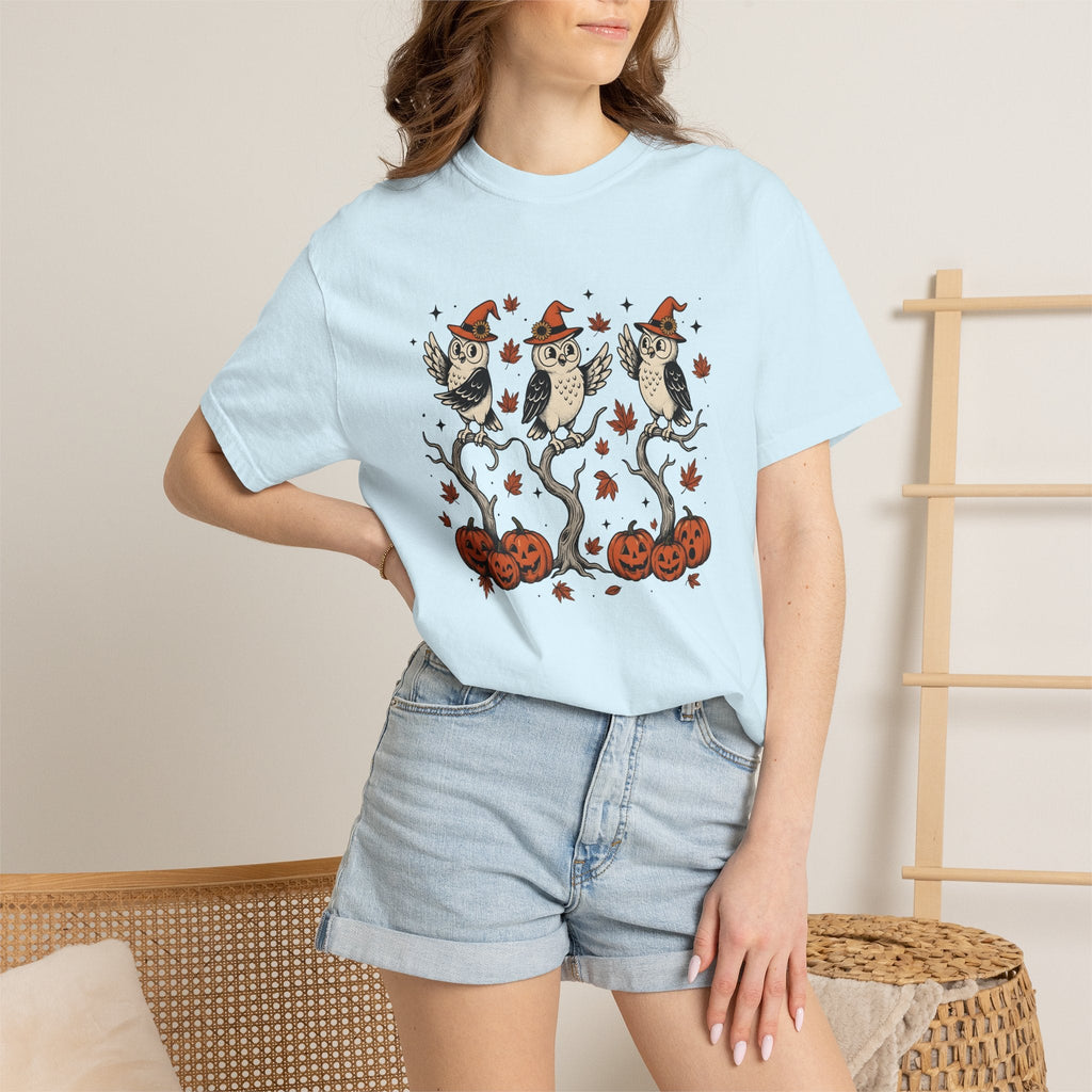 Owl Sorcerer Hat Shirt Halloween Foliage Unisex Gift Old School Tee Witch Hat