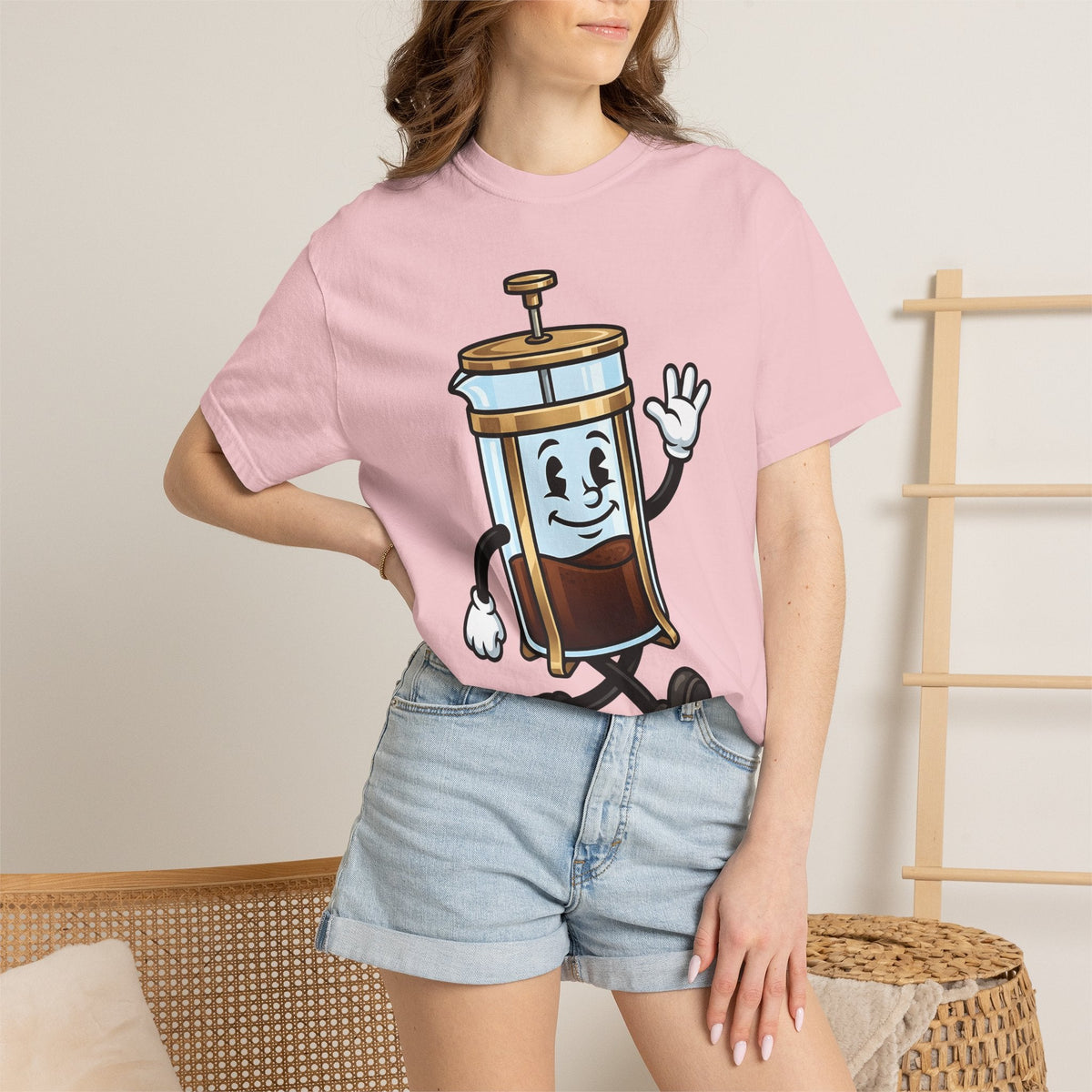 French Press Character Shirt Coffee Foodie Unisex Gift Cartoon Tee Cafetiere