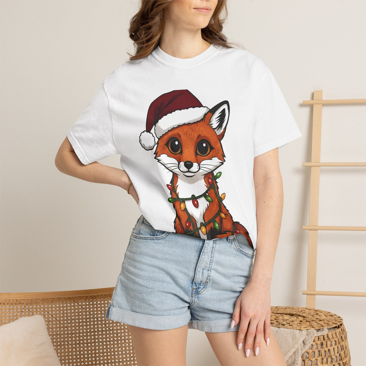 Fox Santa Hat Shirt Christmas Animal Unisex Gift Cartoon Tee Fox T-Shirt Xmas