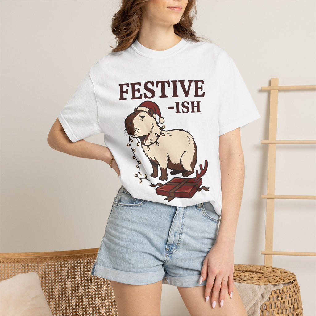 Capybara Christmas Hat Shirt Christmas Wildlife Unisex Gift Comic Tee Rodent
