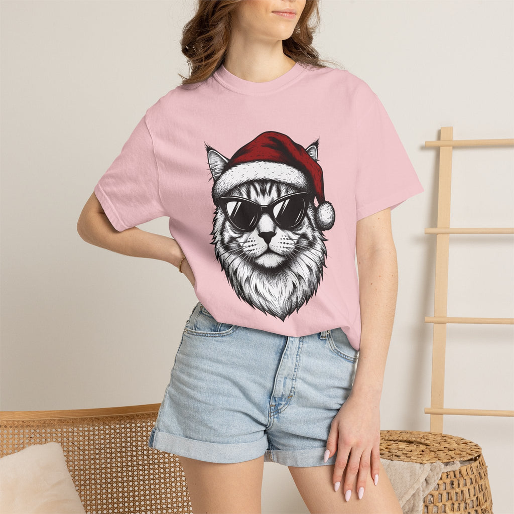 Kitten Santa Hat Shirt Christmas Animal Unisex Gift Line Art Tee Kitten Santa
