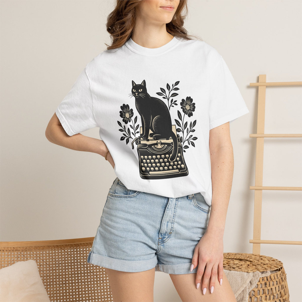 Black Cat Typewriter Shirt Botanical Unisex Gift Hand Drawn product image 6