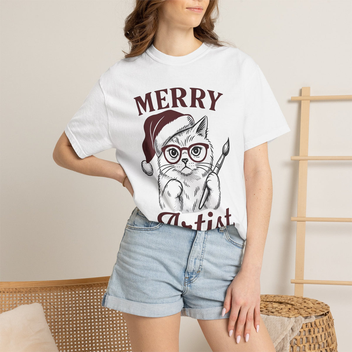 Cat Santa Hat Shirt Cat Christmas Unisex Gift Hand Drawn Tee Kitty Cat T-Shirt