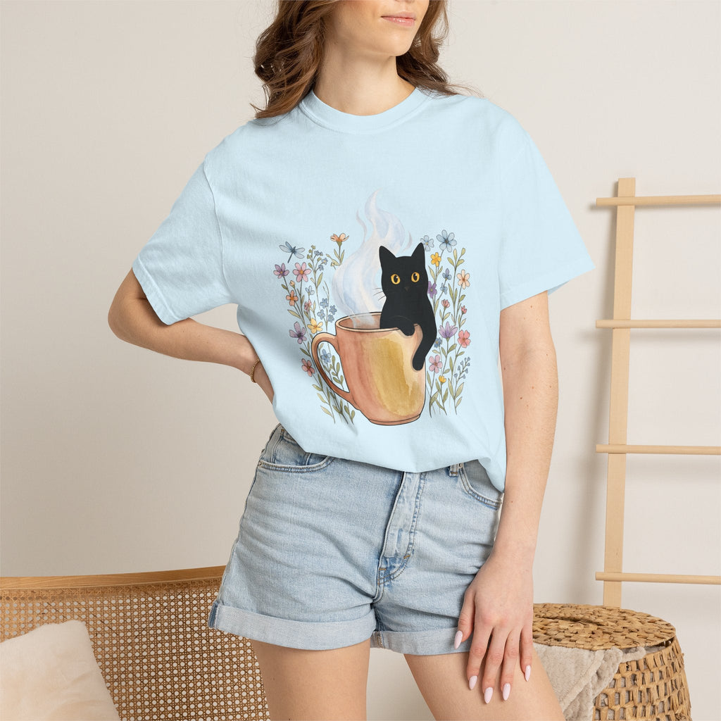 Black Cat Cup Shirt Cat Espresso Unisex Gift Hand Painted Tee Cat Mug T-Shirt