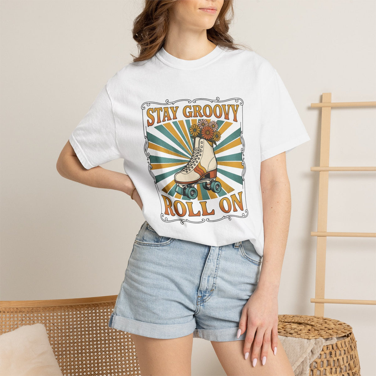 Roller Skate Shoes Shirt Boho Chic 70s Unisex Gift Line Art Tee Roller Skates