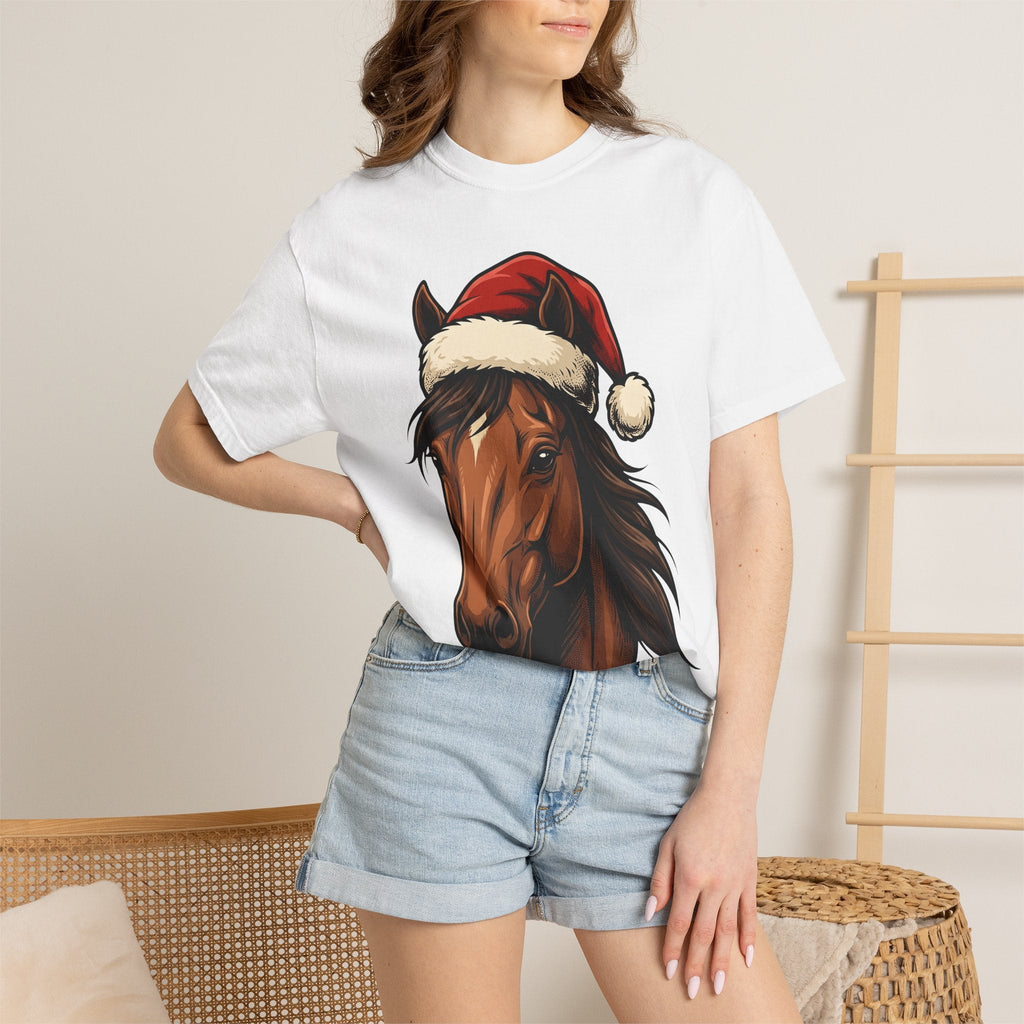 Horse Santa Hat Shirt Christmas Animal Unisex Gift Line Art Tee Equine T-Shirt