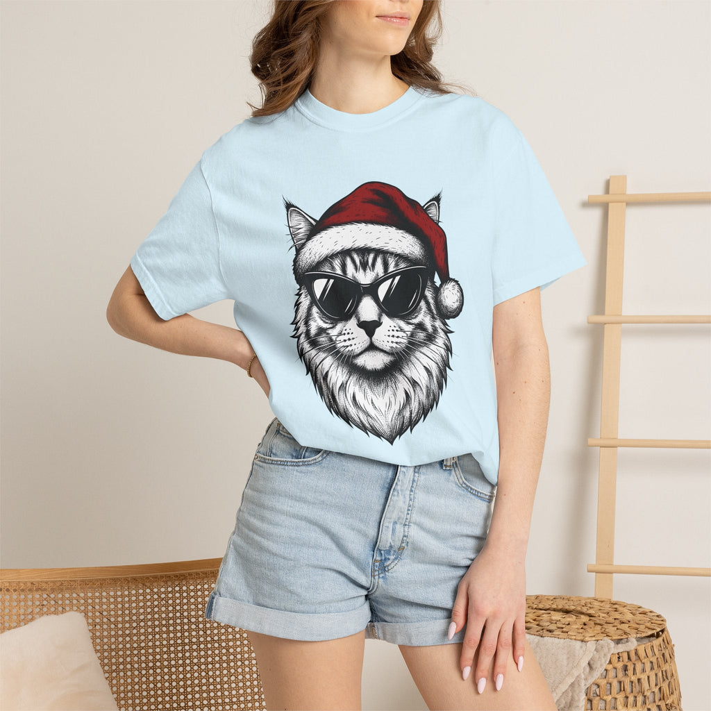 Kitten Santa Hat Shirt Christmas Animal Unisex Gift Line Art Tee Kitten Santa