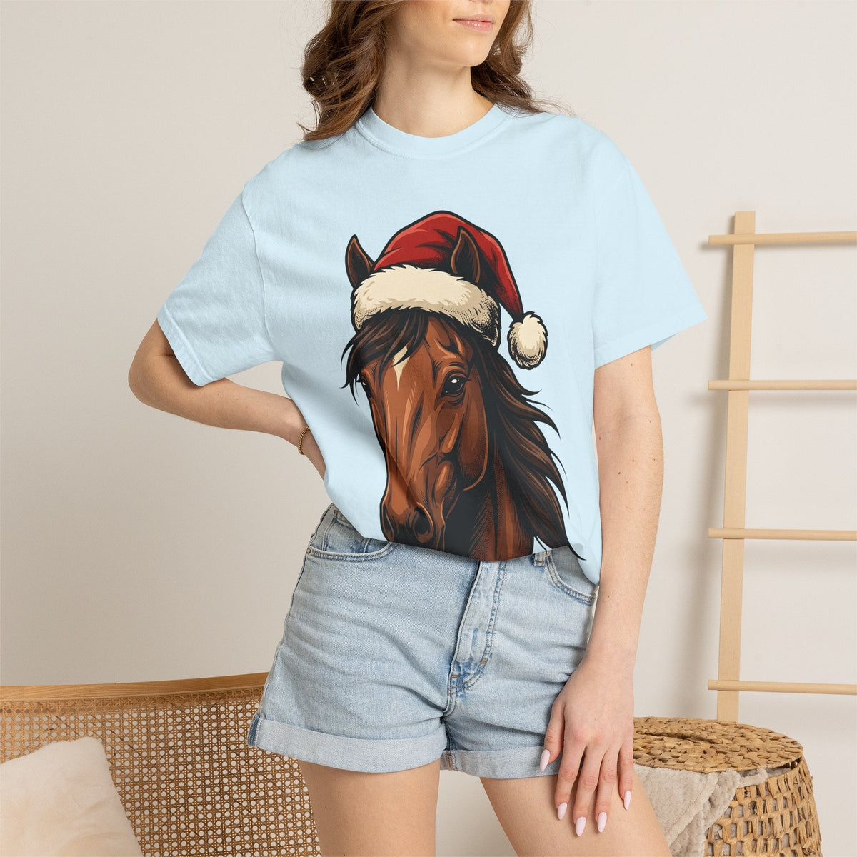 Horse Santa Hat Shirt Christmas Animal Unisex Gift Line Art Tee Equine T-Shirt