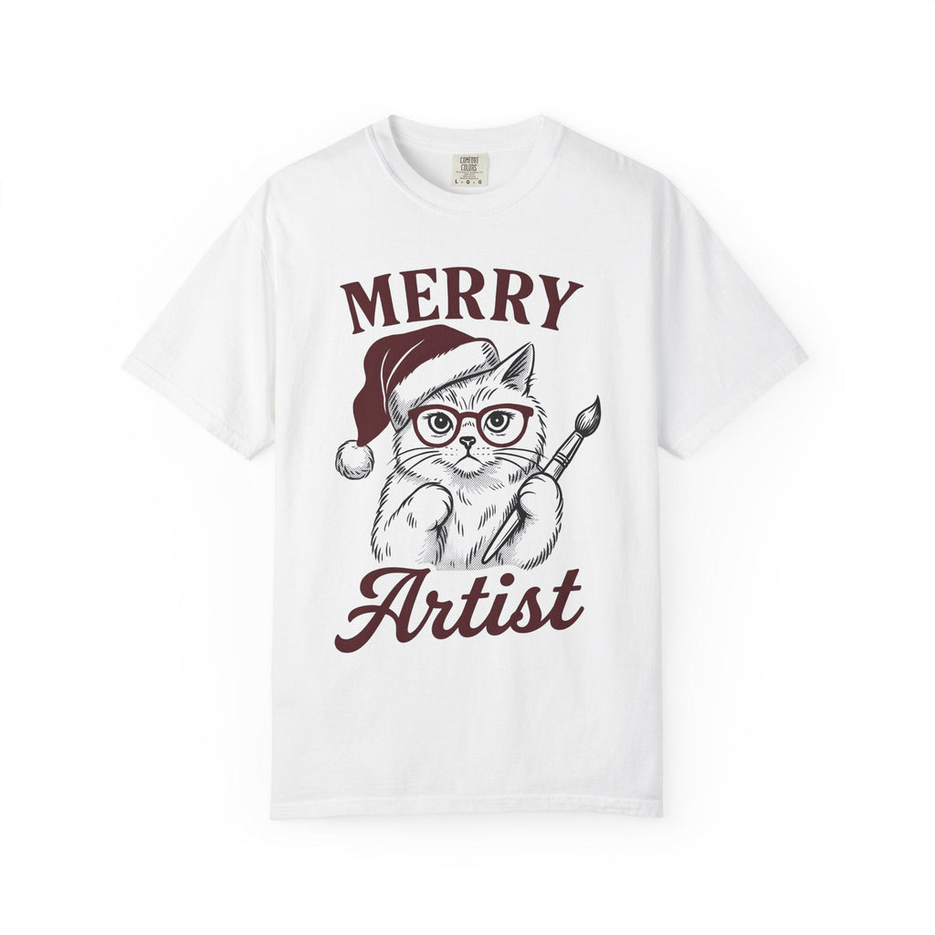 Cat Santa Hat Shirt Cat Christmas Unisex Gift Hand Drawn Tee Kitty Cat T-Shirt