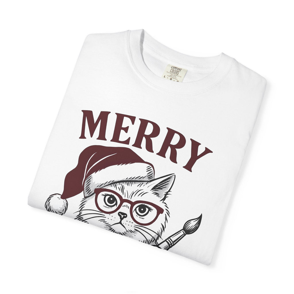 Cat Santa Hat Shirt Cat Christmas Unisex Gift Hand Drawn Tee Kitty Cat T-Shirt