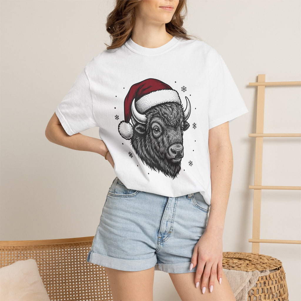 Bison Santa Hat Shirt Christmas Animal Unisex Gift Hand Drawn Tee Buffalo
