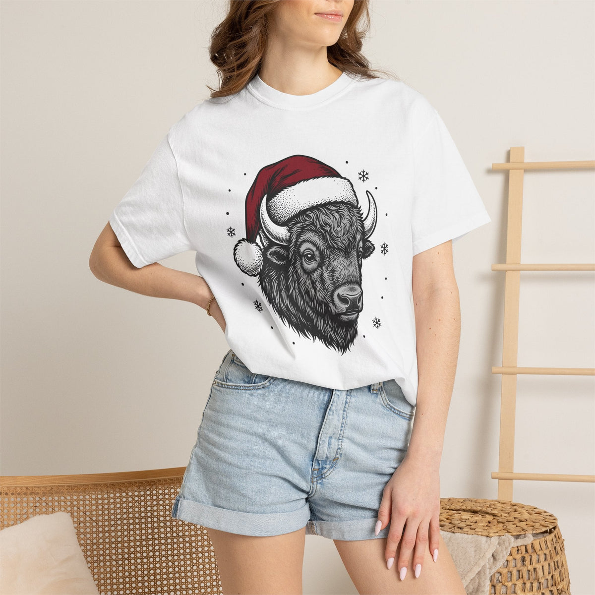 Bison Santa Hat Shirt Christmas Animal Unisex Gift Hand Drawn Tee Buffalo