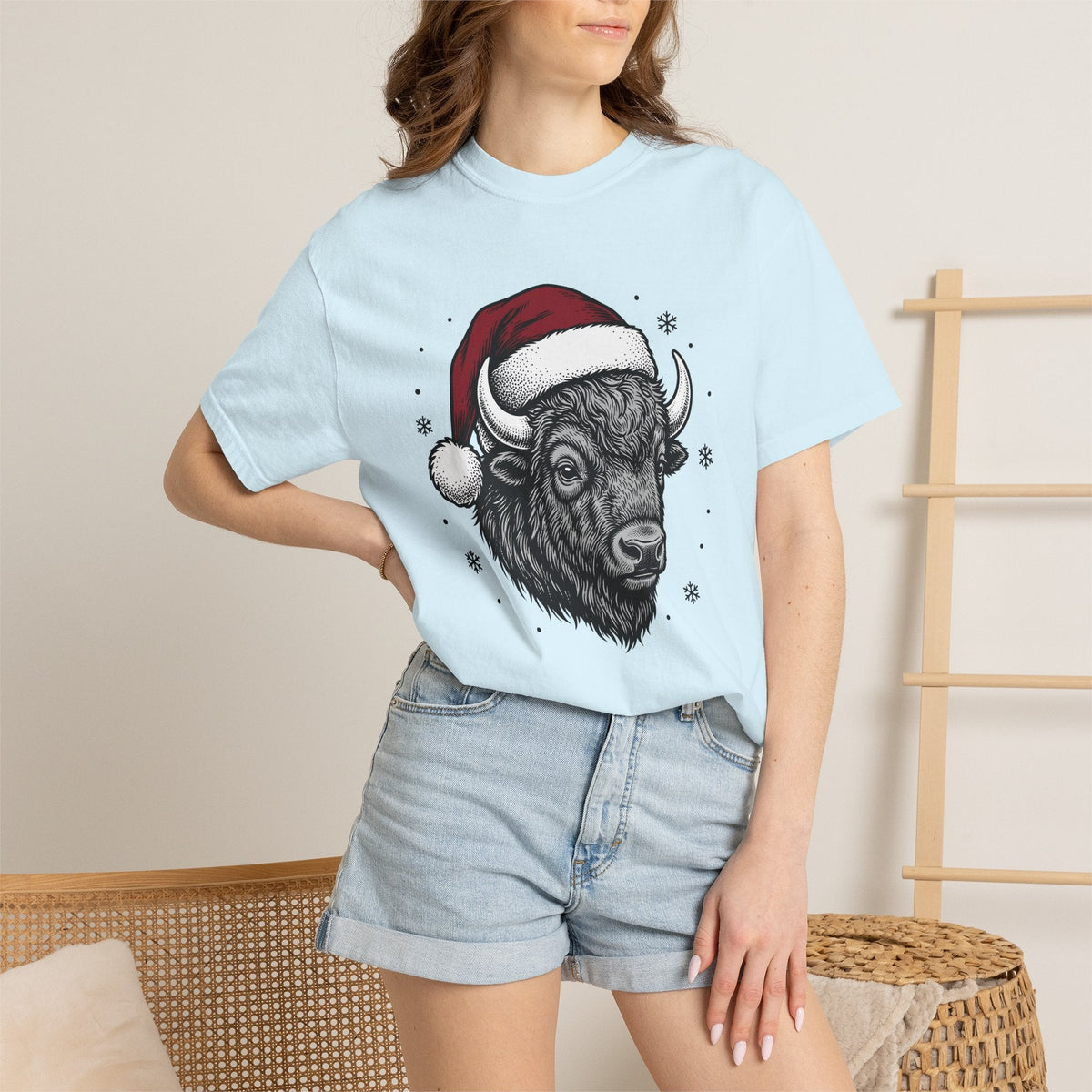 Bison Santa Hat Shirt Christmas Animal Unisex Gift Hand Drawn Tee Buffalo