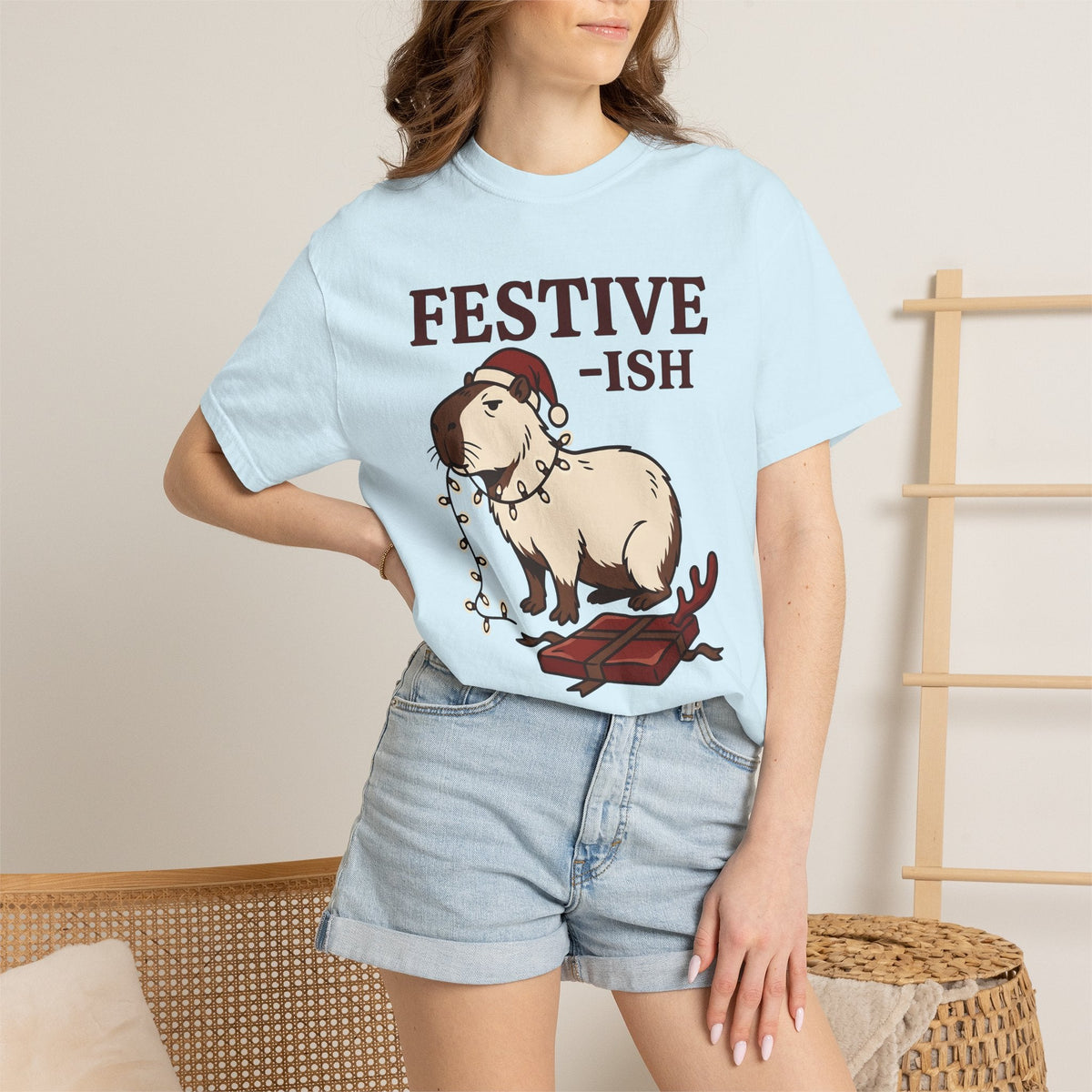 Capybara Christmas Hat Shirt Christmas Wildlife Unisex Gift Comic Tee Rodent