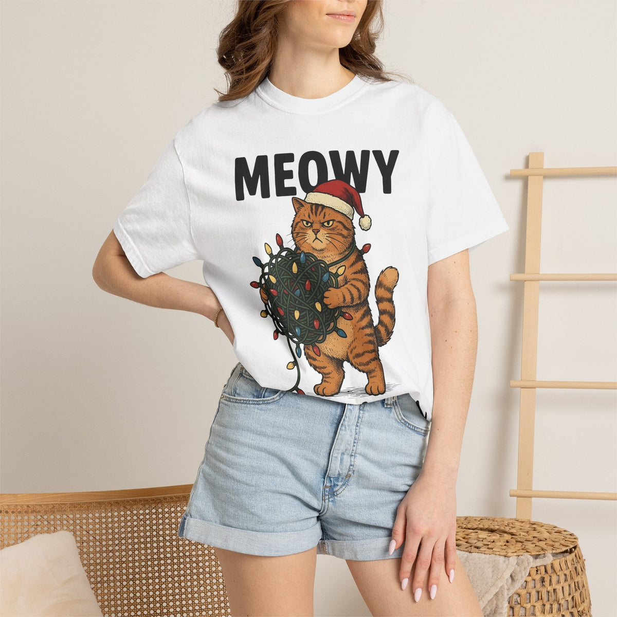 Cat Christmas Hat Shirt Christmas Critters Unisex Gift Line Art Tee Kitty