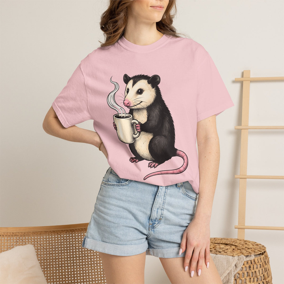 Possum Coffee Cup Shirt Animals Coffee Gift Women Cute Tee Opossum T-Shirt Wildlife Fan Cute Tshirt Coffee Design Hand Drawn Mug Tshirt