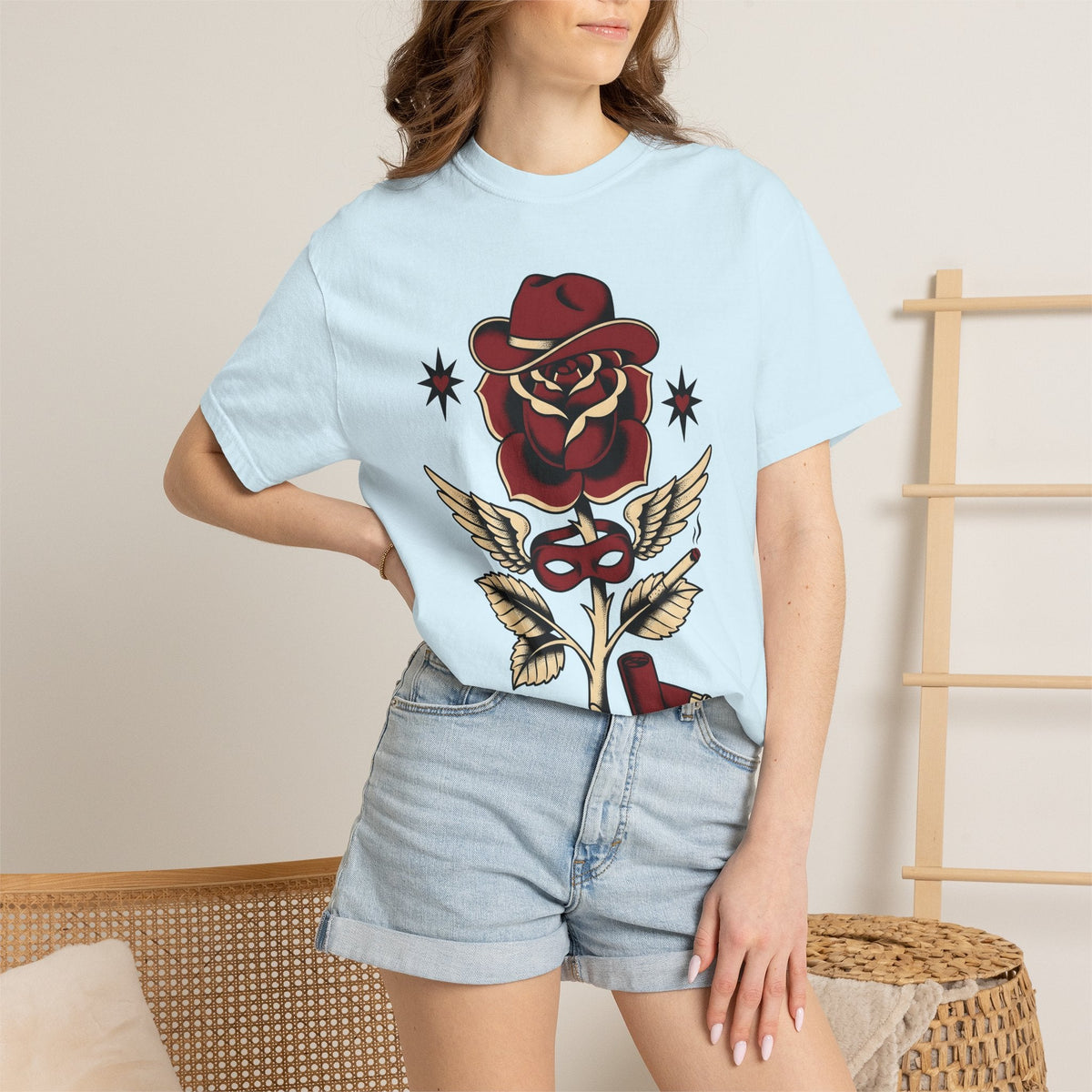 Rose Cowboy Hat Shirt Western Floral Unisex Gift Tattoo Tee Cowboy Hat T-Shirt
