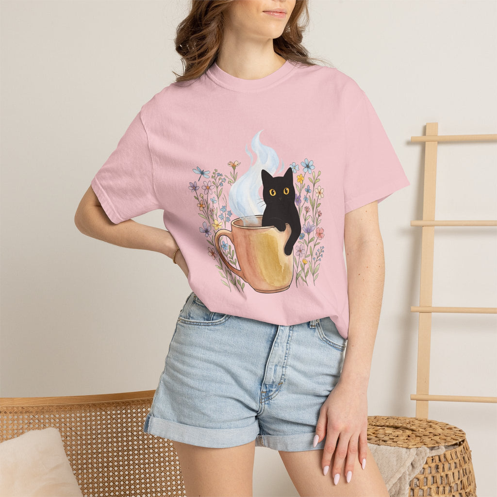 Black Cat Cup Shirt Cat Espresso Unisex Gift Hand Painted Tee Cat Mug T-Shirt