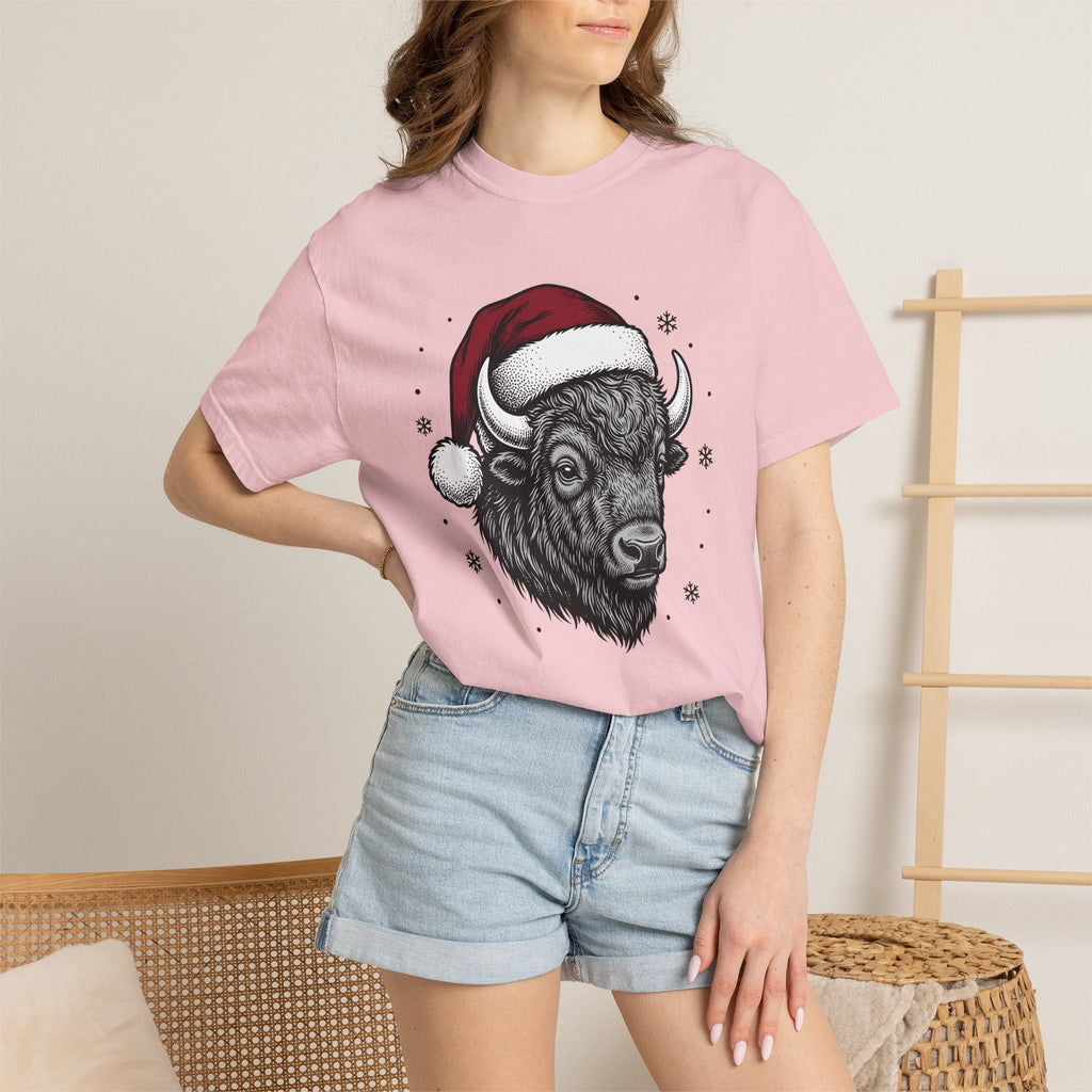 Bison Santa Hat Shirt Christmas Animal Unisex Gift Hand Drawn Tee Buffalo