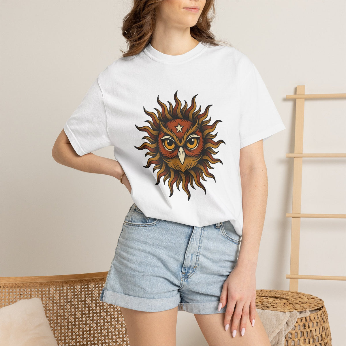 Owl Sun Shirt Bohemian Gift Women Line Art Tee Hoot T-Shirt product image 6