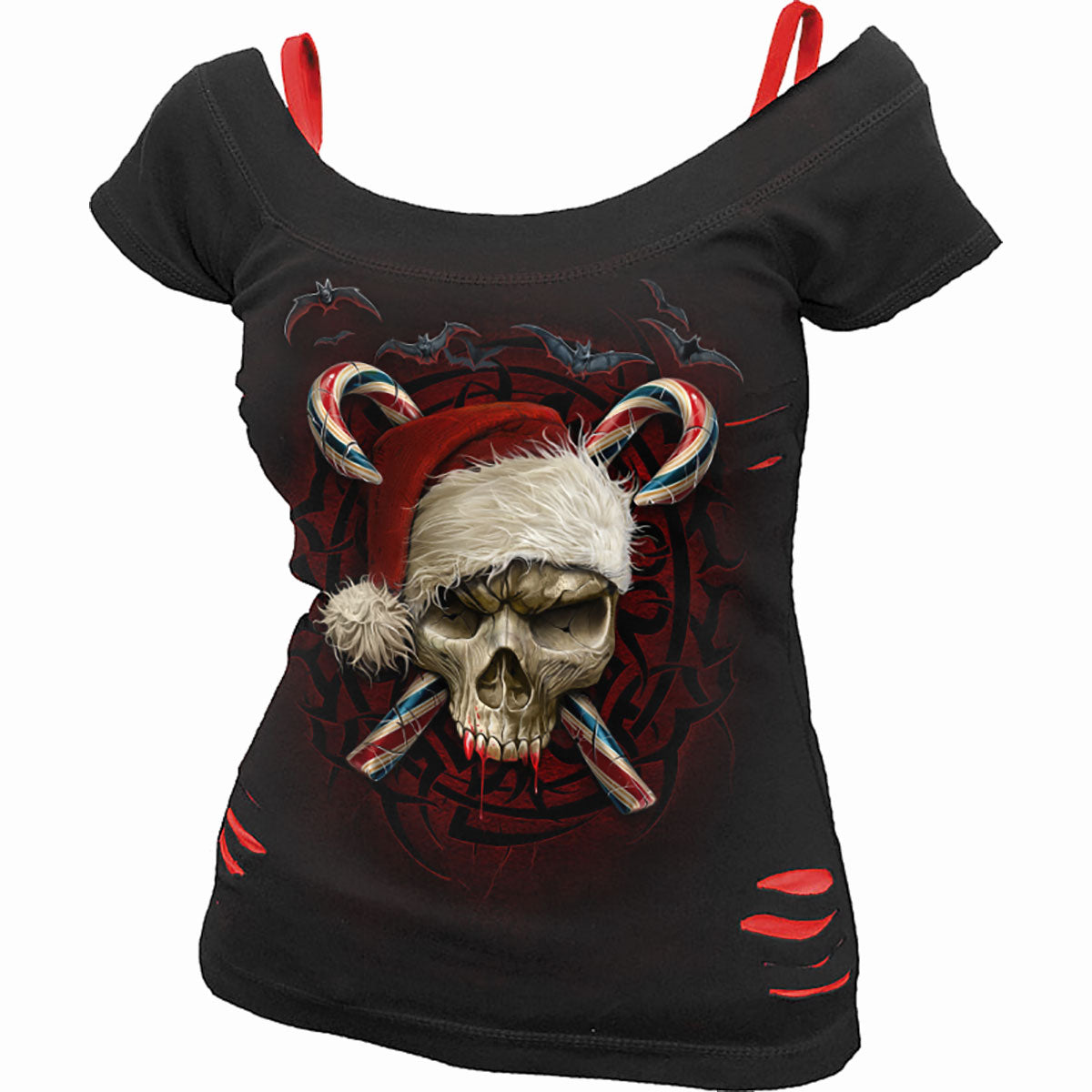 Spiral - CANDY CANE SANTA - 2in1 Red Ripped Top Black product image 1