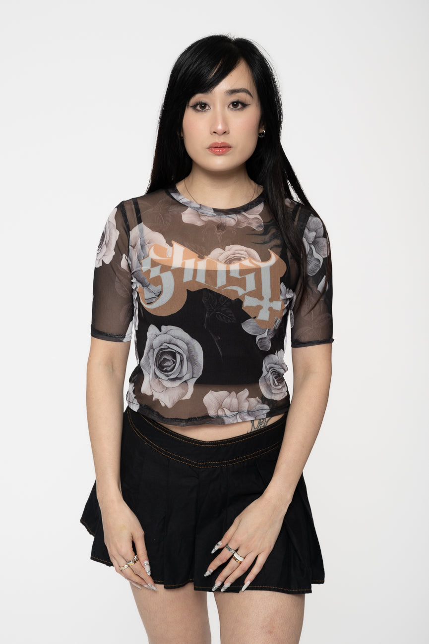 Ghost Logo And Roses Mesh Crop Top product image 1