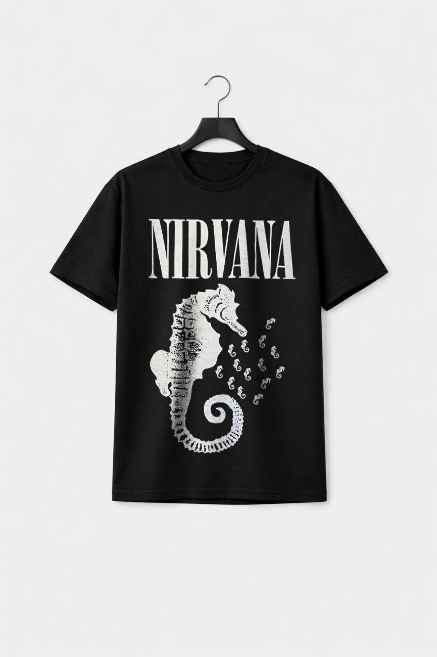 Nirvana Seahorse And Logo Mono Premium Carbon Finish T Shirt product image 1