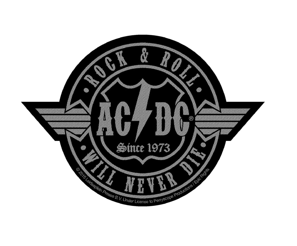 AC/DC Rock N Roll Will Never Die Logo Official New Black Woven Cut Out Patch